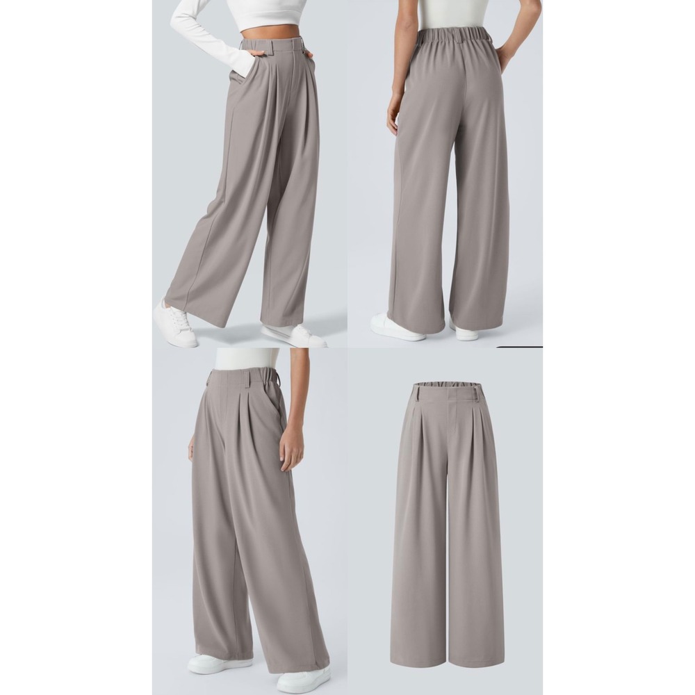 Halara High Waisted Waffle Knit Wide Leg Pleated Trousers Taupe Gray S Petite
